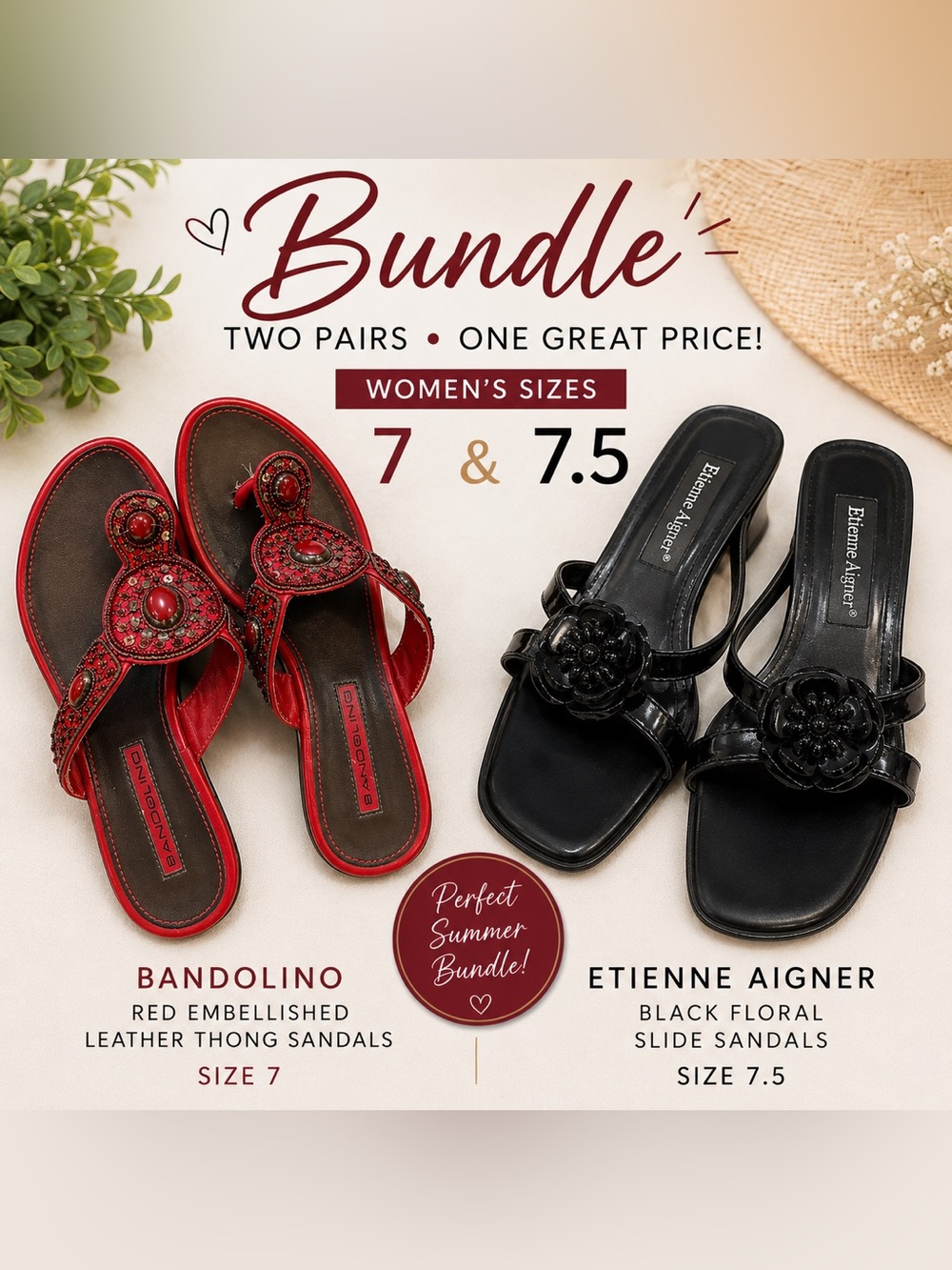 Summer Sandal Bundle Bandolino Red  Leather Sandal Sz 7 Etienne Aigner Black 7.5
